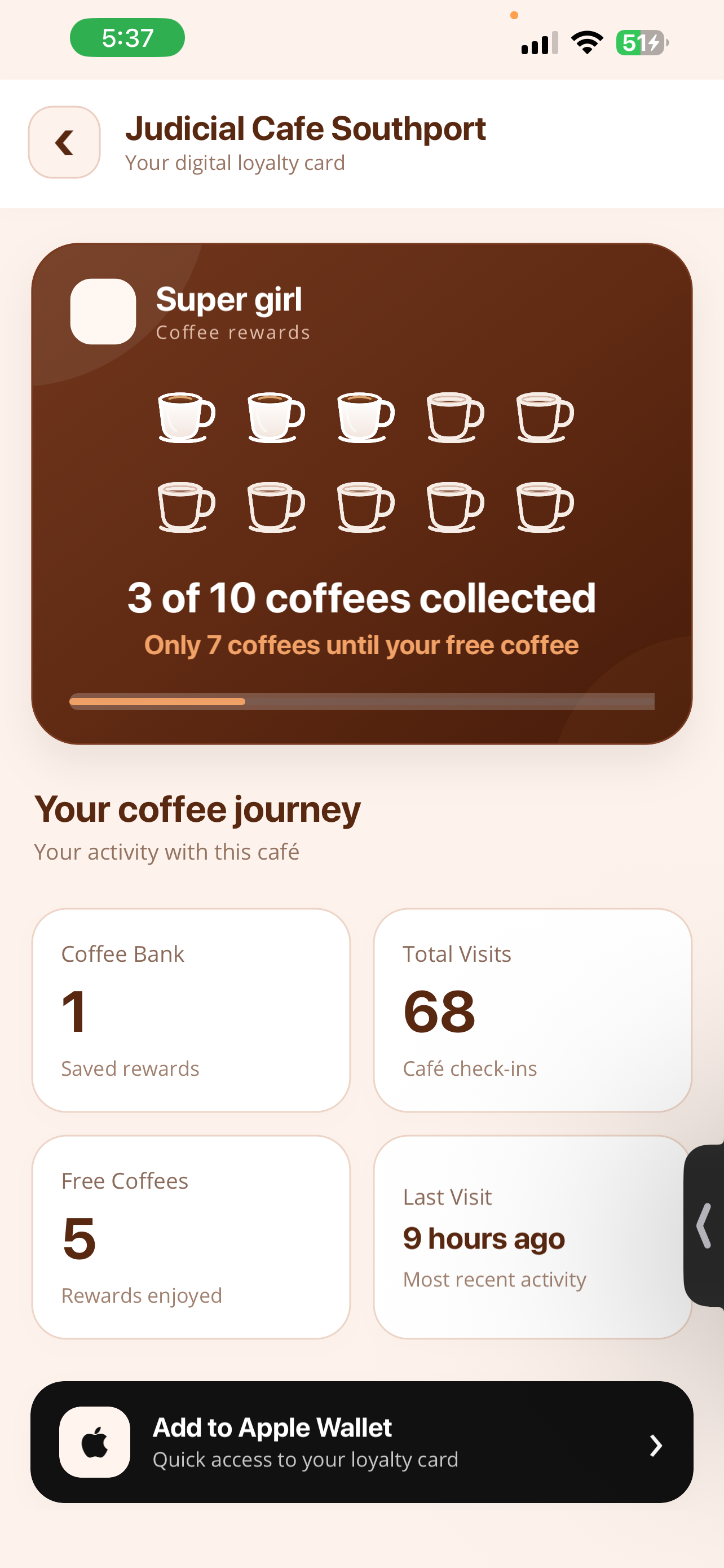 Loyalty Coffee Stamp customer café details screen