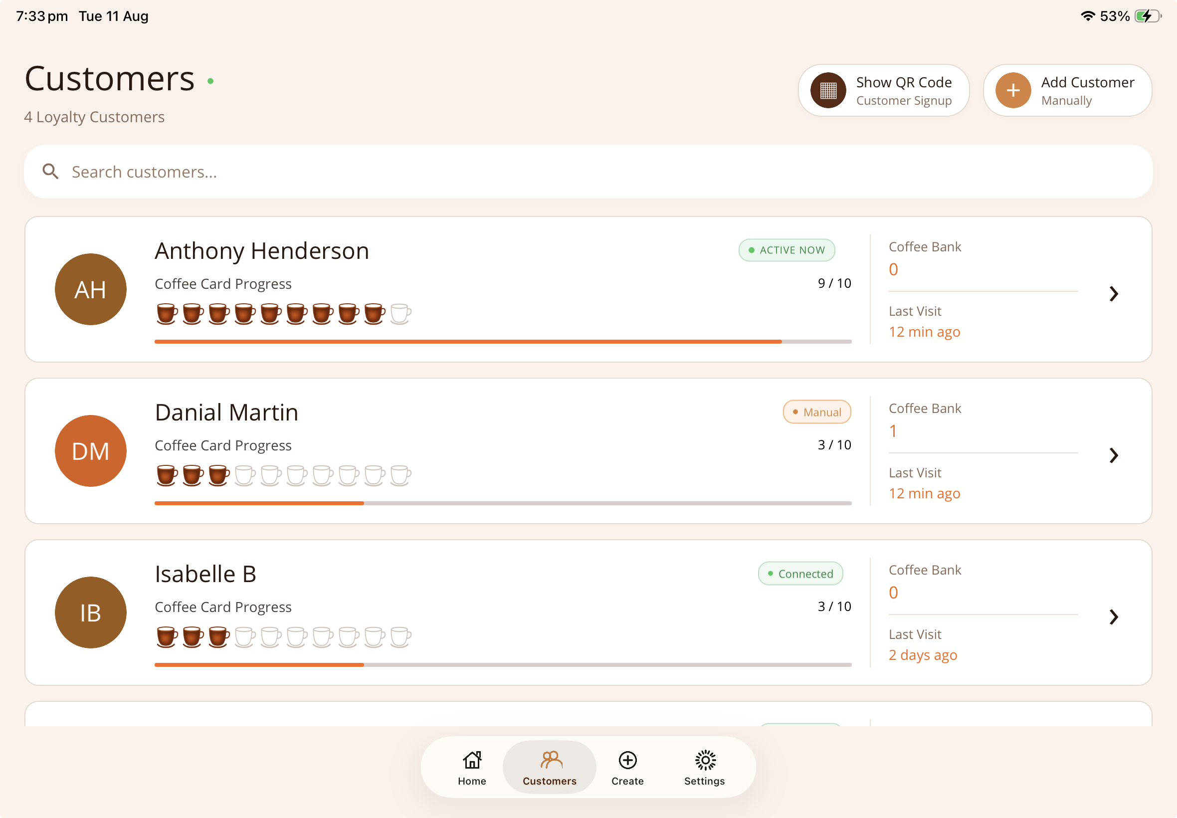 Loyalty Coffee Stamp café customer loyalty dashboard