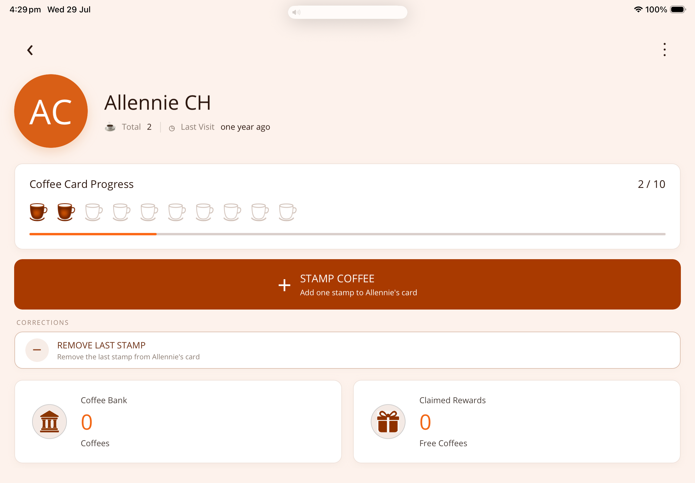 Loyalty Coffee Stamp café customer dashboard